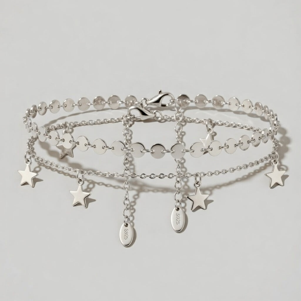 Grethe - Fotlänk med dubbla kedjor och hängande stjärnor