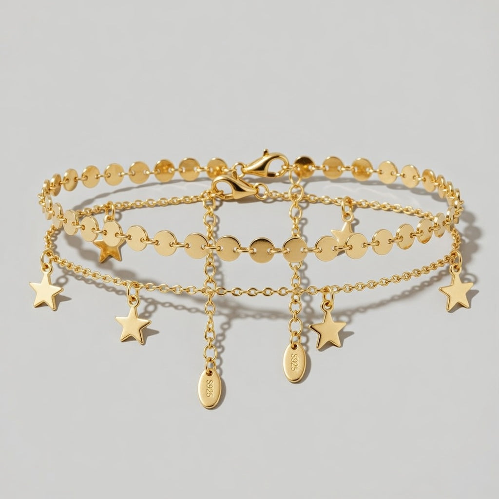 Grethe - Fotlänk med dubbla kedjor och hängande stjärnor