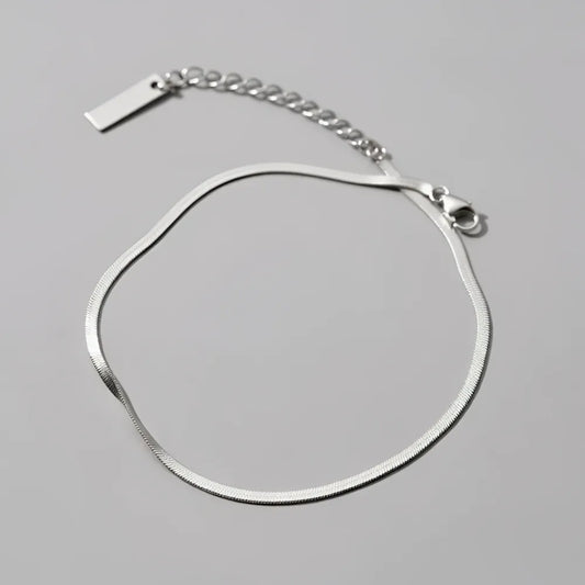 Silverfärgad fotlänk i tunnare ormbenskedja med texturerad yta och en liten rektangulär tagg vid låset